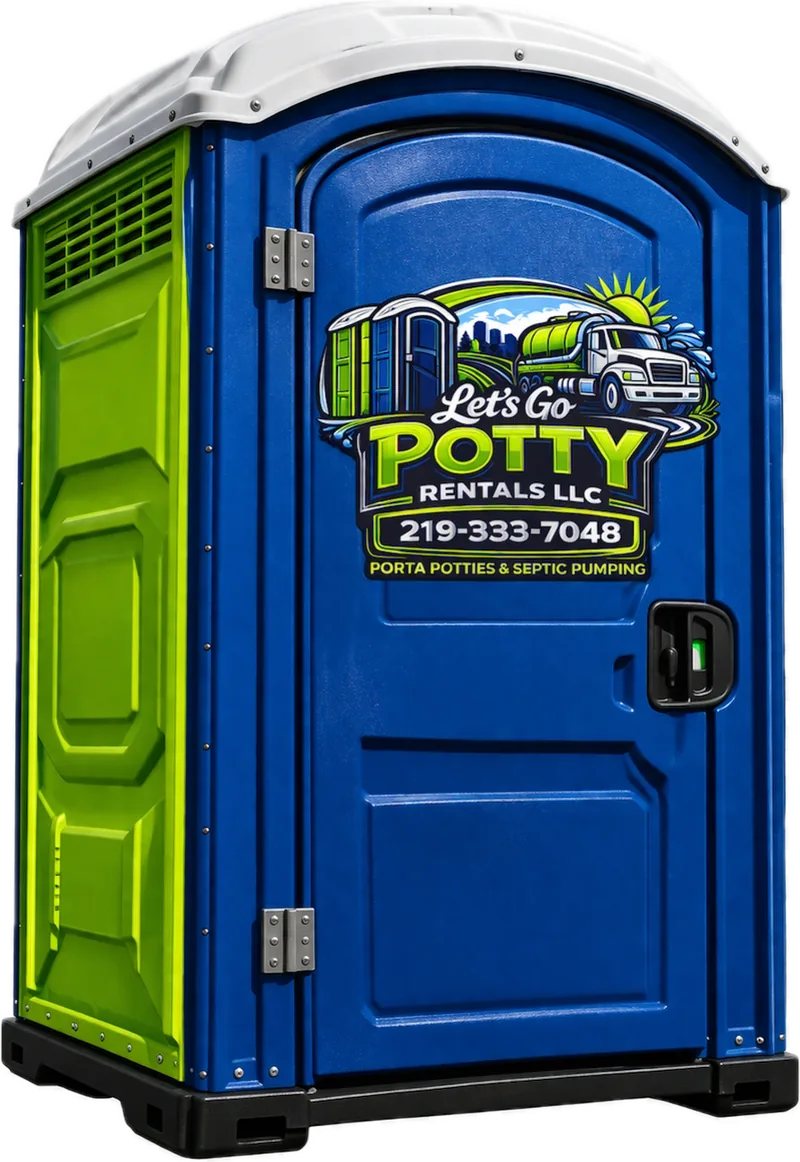 Let's Go Potty Rentals LLC blue and green portable restroom unit